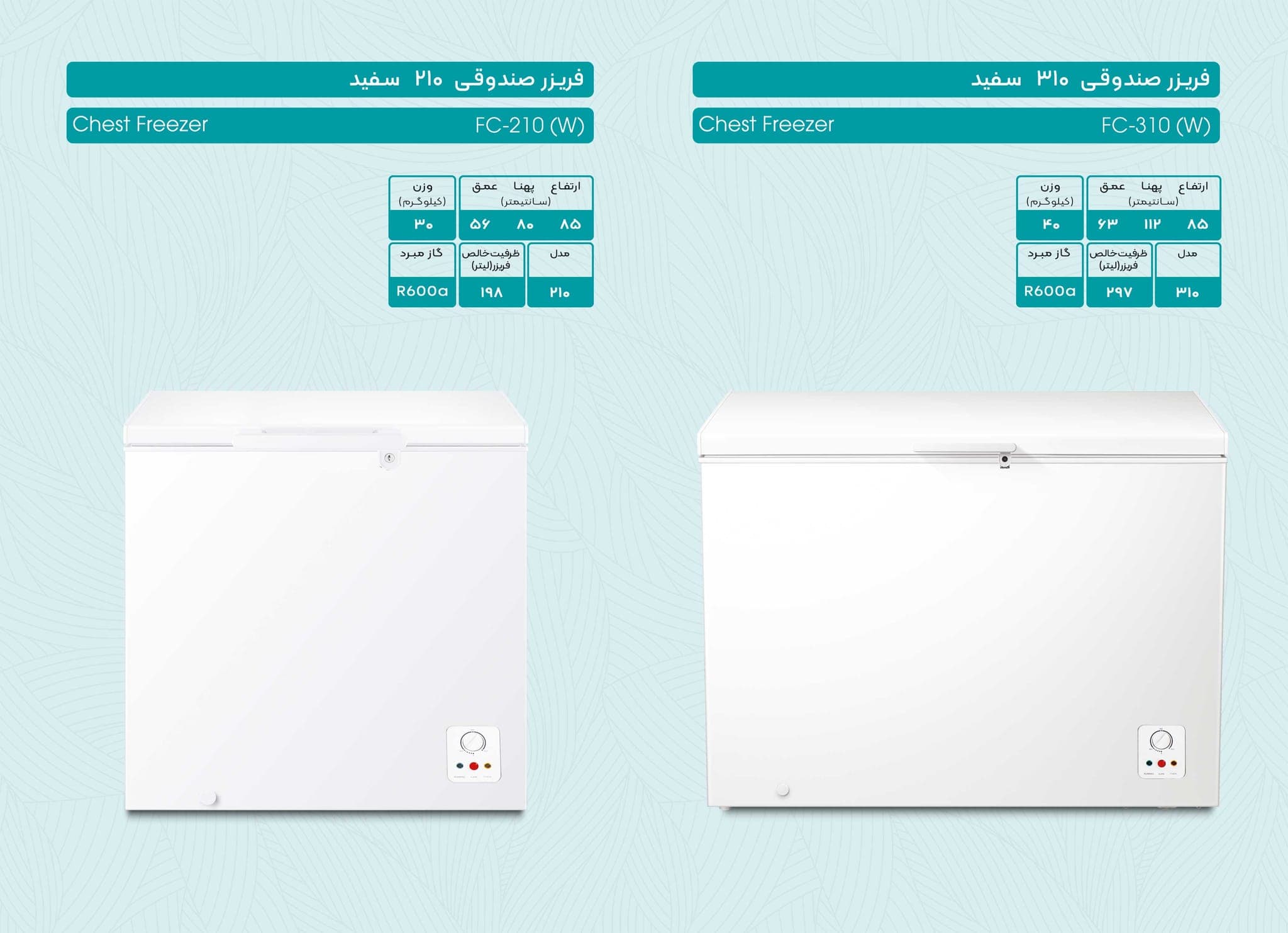 Hisense FC-310 Chest Freezer catalog page with technical specifications — Hisense Iran